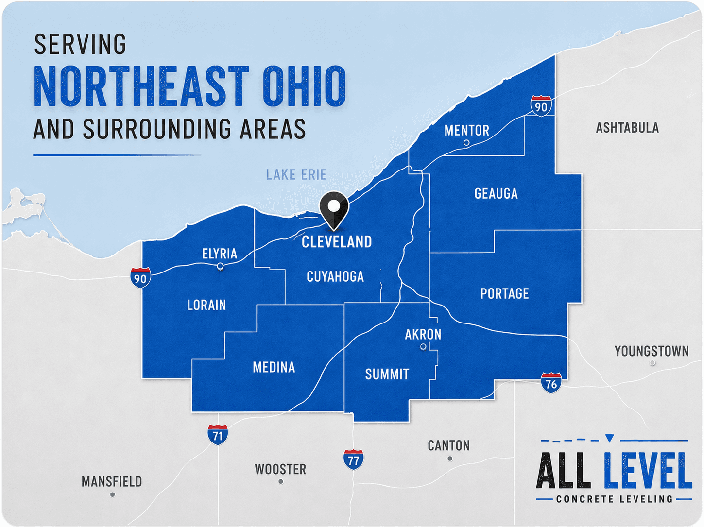 Map of All Level's Northeast Ohio service area, including Cuyahoga, Lorain, Medina, Summit, Portage, and Geauga counties