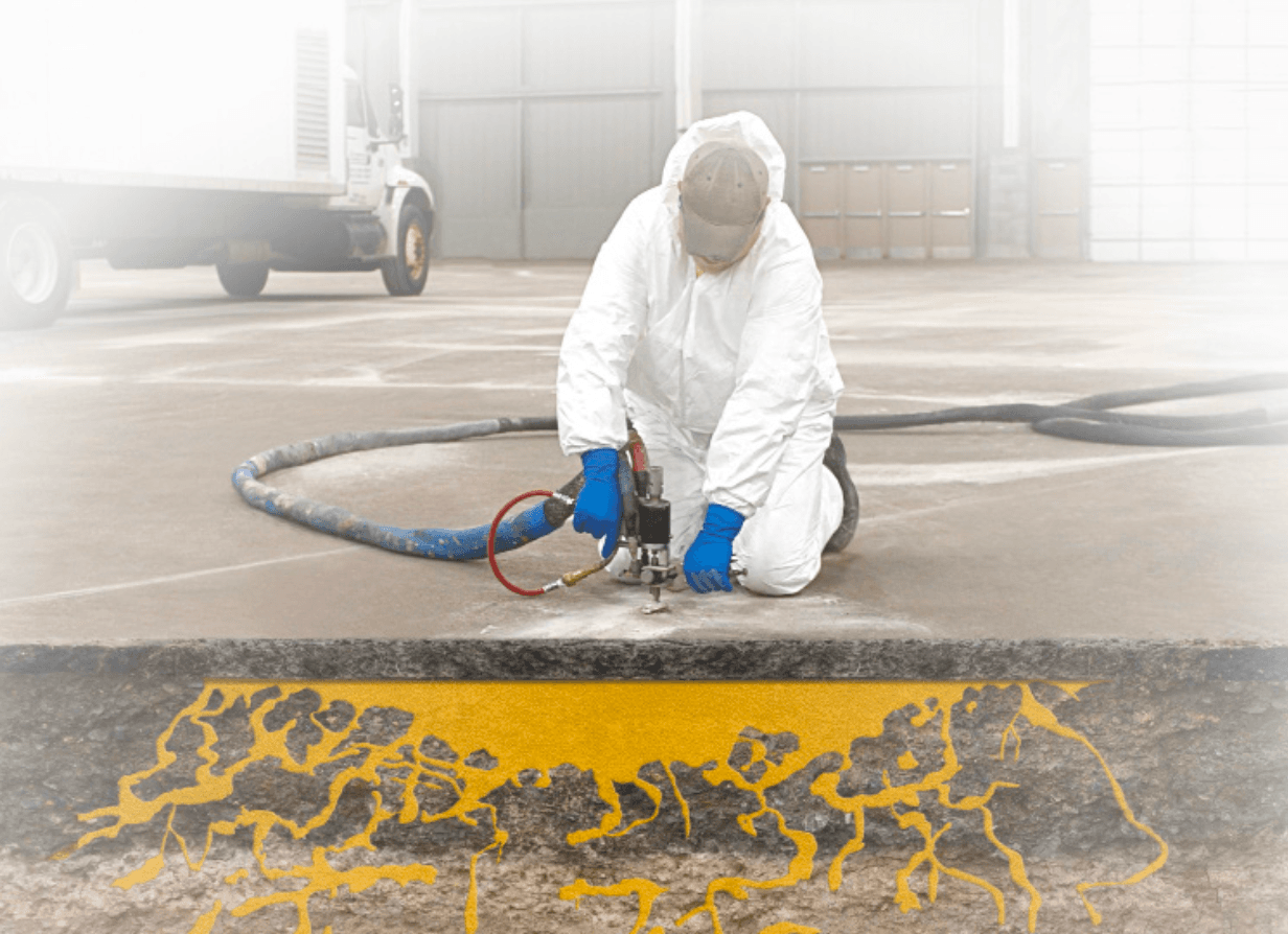 Technician performing polyurethane foam injection on a concrete slab